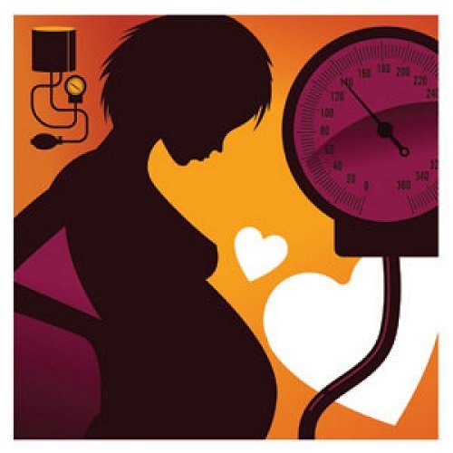 Силуэт беременной женщины и тонометр с показанием 140 мм рт. ст