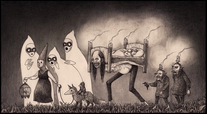 Ночные кошмары, одно из страшных существ несёт кровать со спящей женщиной